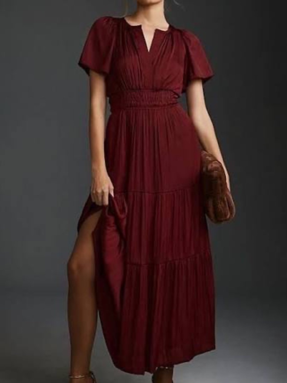 New Athropologie Somerset Maxi Dress Wine Red Tiered Smocked Satin A Line XS